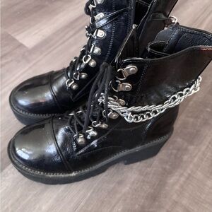 Black Lace-Up Ankle Boots with Chain Detail